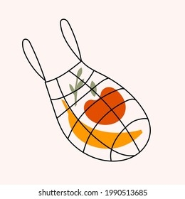 Simple minimalistic vector illustration of zero waste. Eco-friendly string bag with fruit. Apple and banana in a textile bag.