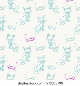 Simple minimalistic vector pattern with hand-drawn cat and mouse in black and white. Seamless background, could be use for wallpaper, wrapping paper, for print and in web design.