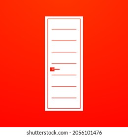 Simple minimalistic white door on red background icon. Door advertisement concept. Trendy flat isolated symbol, sign used for: illustration, logo, app, design, web, dev, ui, gui. Vector EPS 10 