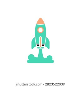 A simple mint green rocket ascends with an orange tip during its launch sequence. This graphic design is ideal for business growth concepts.