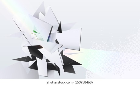 Simple mirror - polygon shapes in mono black and white colour and rainbow light effects with digital glitch dither elements, clean futuristic feelings