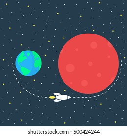 simple mission to mars image. concept of sci-fi, futuristic, orb, desert, spacecraft, trip, explore, voyage, settlement, trajectory, surface. flat style trend modern graphic design on dark background