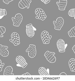 Simple Mitten Pattern. Cute White Ornament Mittens. Gray Background. Vector Texture. Fashionable Print For Wallpaper.