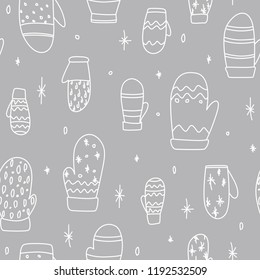 Simple Mittens Drawing Seamless Pattern for Christmas Time. Seasonal Wallpaper on Grey