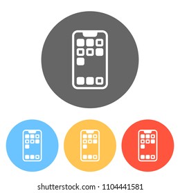 Simple mobile phone icon. Linear symbol, thin outline. Set of white icons on colored circles