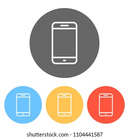 Simple mobile phone icon. Linear symbol, thin outline. Set of white icons on colored circles