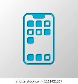Simple mobile phone icon. Linear symbol, thin outline. Paper design. Cutted symbol with shadow
