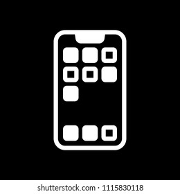 Simple mobile phone icon. Linear symbol, thin outline. White icon on black background. Inversion