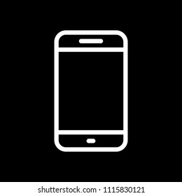 Simple mobile phone icon. Linear symbol, thin outline. White icon on black background. Inversion