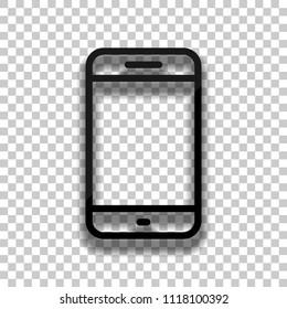 Simple mobile phone icon. Linear symbol, thin outline. Black glass icon with soft shadow on transparent background