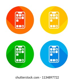 Simple mobile phone icon. Linear symbol, thin outline. Flat white icon on colored circles background. Four different long shadows in each corners