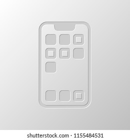Simple mobile phone icon. Linear symbol, thin outline. Paper design. Cutted symbol. Pitted style