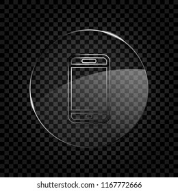 Simple mobile phone icon. Linear symbol, thin outline. Icon in circle glass bubble on dark transparent grid. Glass style