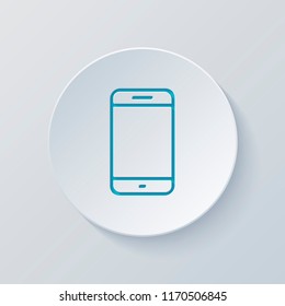 Simple mobile phone icon. Linear symbol, thin outline. Cut circle with gray and blue layers. Paper style