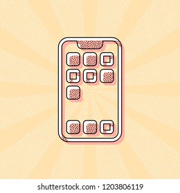 Simple mobile phone icon. Linear symbol, thin outline. Vintage retro typography with offset printing effect. Dots poster with comics pop art background