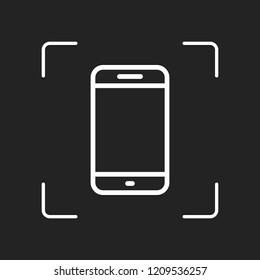Simple mobile phone icon. Linear symbol, thin outline. White object in camera autofocus on dark background