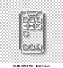 Simple mobile phone icon. Linear symbol, thin outline. White outline sign with shadow on transparent background