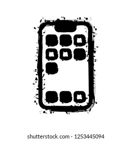 Simple mobile phone icon. Linear symbol, thin outline. Black ink with splashes on white background