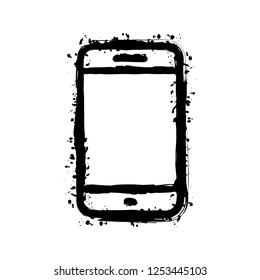 Simple mobile phone icon. Linear symbol, thin outline. Black ink with splashes on white background
