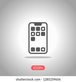 Simple mobile phone icon. Linear symbol, thin outline. Icon under spotlight. Gray background