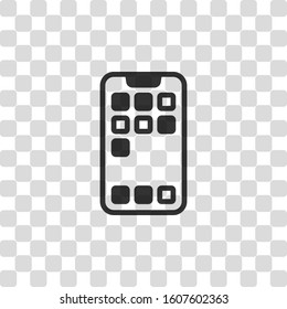 Simple mobile phone icon. Linear symbol, thin outline. Black symbol on transparency grid
