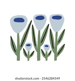 Simple and modern abstract design featuring stylized flowers with blue petals and green stems, conveying a minimalist and artistic feel. Ideal for decoration or creative projects