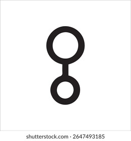 Un ícono abstracto simple y moderno que presenta dos círculos negros de diferentes tamaños conectados verticalmente por una barra gruesa sobre un fondo blanco prístino que representa la conexión o un Enlace.
