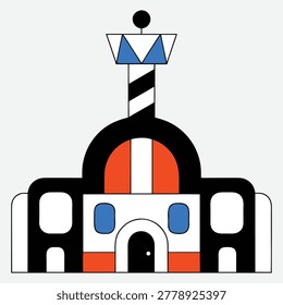 A simple and modern abstract icon featuring a lighthouse building, constructed with clean geometric shapes and vibrant colors including blue, orange, and black, perfect for minimal design projects.
