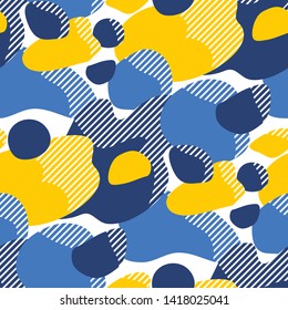 Simple modern abstract shapes seamless pattern. Rounded blue and yellow geometry with stripe texture repeatable motif for wrapping paper, fabric, surface design. 