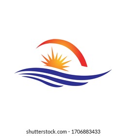 simple modern abstract sunset logo design vector of yellow sun and blue sea waves illustration
