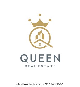 Simple Modern Architecture City Building with Initial Letter Q Queen and Crown for Real Estate Apartment Property logo design