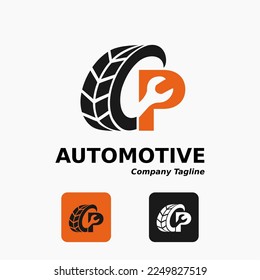 Simple Modern Automotive Tires Wheel Repair Mobile Motor Car Business Service with Letter P and Wrench Icon