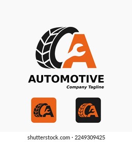 Simple Modern Automotive Wheel Tire Repair Mobile Motor Car Business Service with Letter A and Wrench Icon
