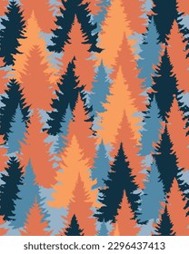 Simple Modern Autumn and Winter  Forest Seamless Vector Pattern. Orange, Dark Blue, Yellow and Light Blue Spruce Trees Repeatable Print ideal for Fabric, Wrapping Paper.