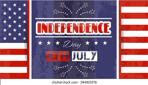 Simple, modern background, poster with american flag - stars and stripes, text 4th July Independence Day, shadows