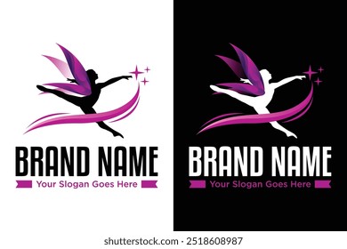 simple modern ballerina with butterfly dragonfly wing illustration vector logo design