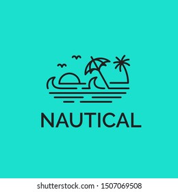 Simple modern beach line art illustration logo design. Ocean and wave vector graphics