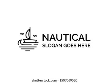 Simple modern beach line art illustration logo design. Ocean and wave vector graphics
