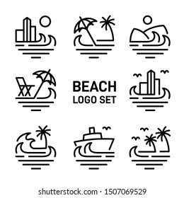 Simple modern beach line art illustration logo design. Ocean and wave vector graphics