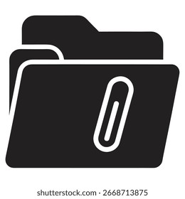 A simple, modern black icon representing a folder with a paperclip attached, symbolizing organization and document management. Isolated on white.