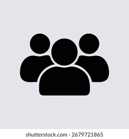 A simple, modern black icon representing a group of three people against a light purple background.