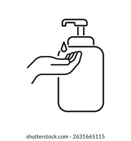 Einfache und moderne schwarze Linie Illustration einer Hand, die Flüssigkeit aus einem Seifen- oder Sanitizer-Spender bekommt. Perfekt für Designs zum Thema Gesundheit, Hygiene und Sauberkeit.