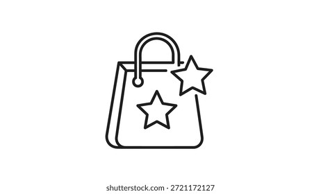 Un icono de contorno negro simple y moderno de una bolsa de compras con dos estrellas, que simboliza la calidad o los favoritos, adecuado para el comercio electrónico, el comercio minorista, las compras y los contextos relacionados con el consumidor con