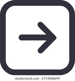 Um ícone simples e moderno de seta preta para a direita, apontando para a direita, delimitado por uma caixa quadrada branca com uma borda escura, sobre um plano de fundo branco.