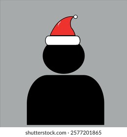 A simple and modern black silhouette of a person wearing a red and white Santa hat, set against a neutral gray background. The festive design combines minimalism with holiday cheer, making it perfect 