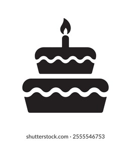 Simple and modern black silhouette vector of a two-tiered birthday cake with a single candle and wavy frosting, perfect for celebrations, greeting cards, and design projects.