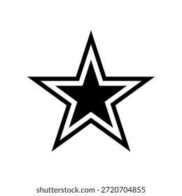 Un símbolo de estrella negra simple y moderno con un contorno blanco, sobre un fondo blanco liso. La estrella tiene cinco puntos y un diseño limpio y minimalista.