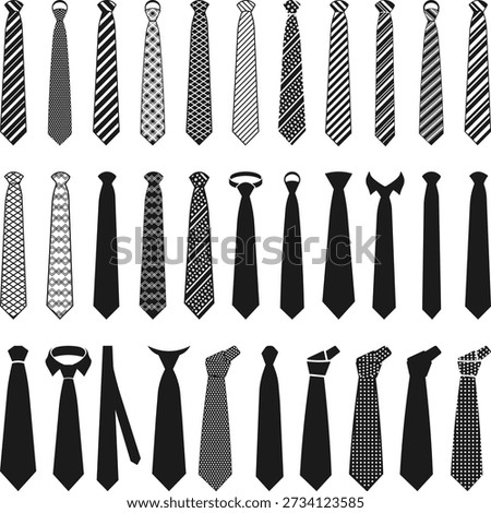Simple modern black tie icon, Necktie Outline Icons Set Silhouettes, Collection of doodle necktie isolated vector on white background.