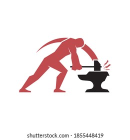 Simple Modern Blacksmith Swinging A Hammer On An Anvil Forging Metal Vector Icon