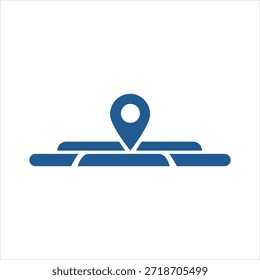 A simple, modern blue icon representing a map location pin centered over an abstract representation of a road or path. The graphic is isolated on a pure white background, perfect for digital interface